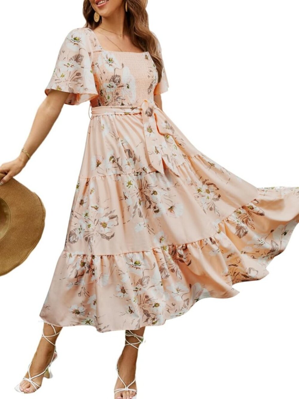 Boho Floral Midi Dress - Long Sleeve, Square Neck, Smocked - Perfect for